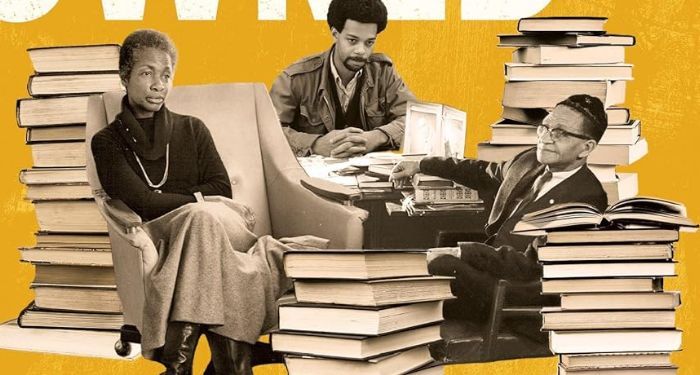 cover of Black-Owned: The Revolutionary Life of the Black Bookstore by Char Adams, which contains a black and white image if three Black