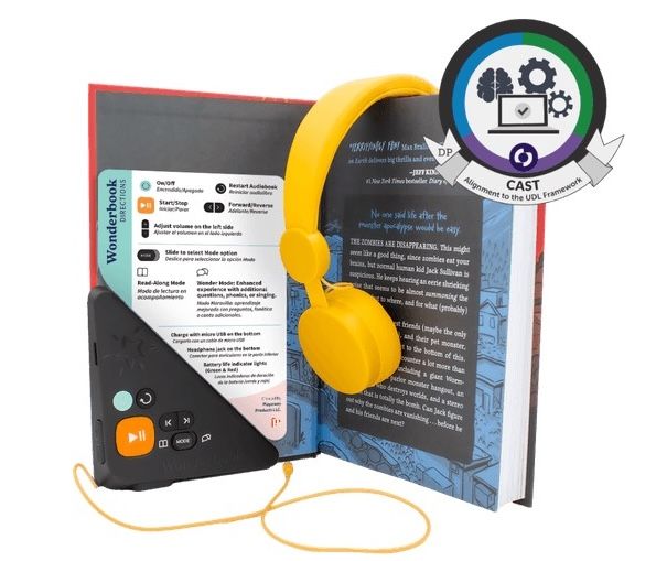 an open book with a set of yellow over-ear headphone hanging from the middle and a rectangular audio device attached to the bottom left corner of the cover
